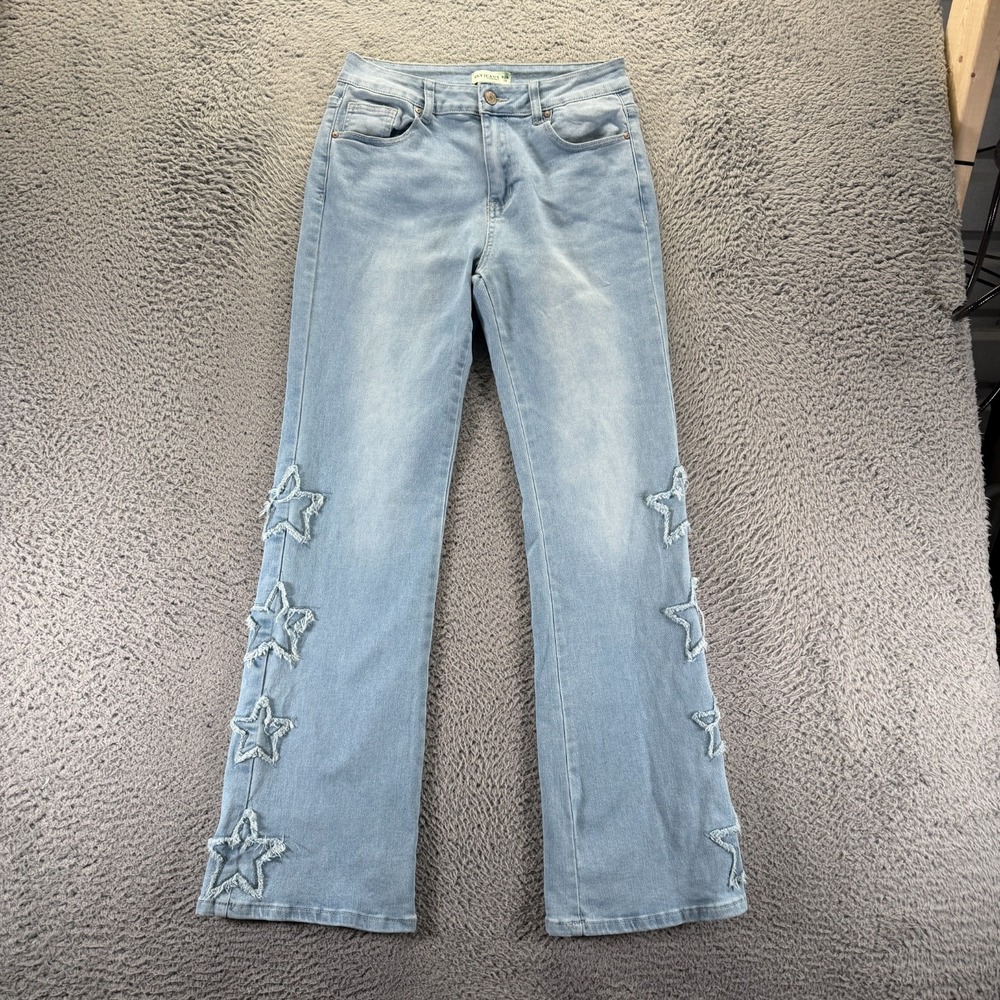 Sky Jeans Womens 13 Blue Cotton Denim Flared Star Applique Travel Faded Stretch